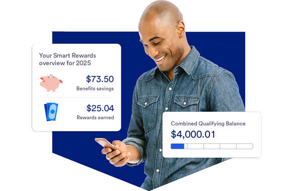  Person smiling viewing bank rewards earned